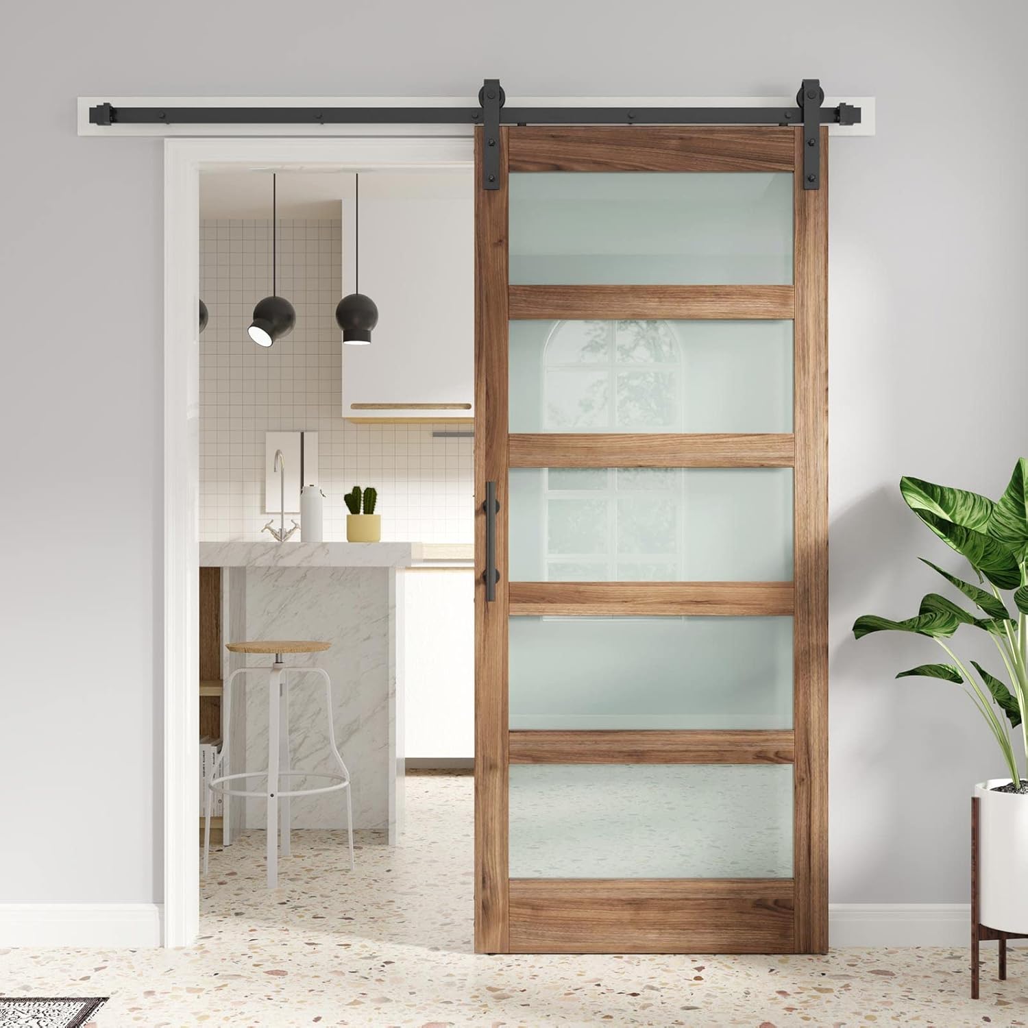 FREDBECK 36 x 84 inch Glass Barn Door with 6.6FT Barn Door Hardware Kit & Handle...