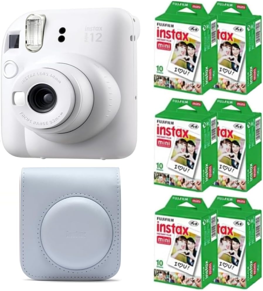 Fujifilm Instax Mini 12 Instant Film Camera (Clay White) w/Case + Extra Film