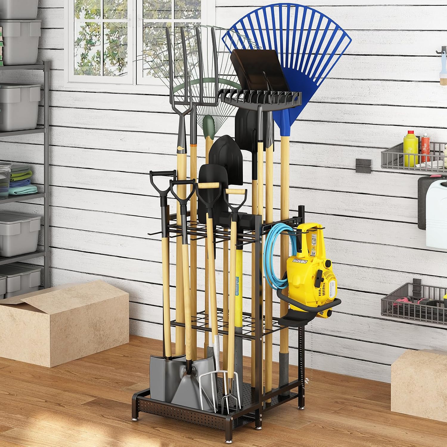 Garden Tool Organizer for Garage, Utility Storage Racks with Hooks, Metal Yard Tool Stand...