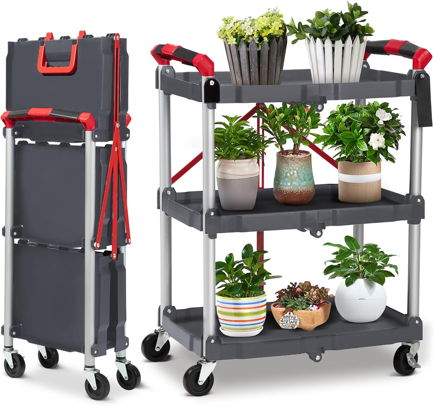 Garvee Folding Utility Service Cart, Collapsible Cart with Wheels, 3 Tier Rolling Utility...