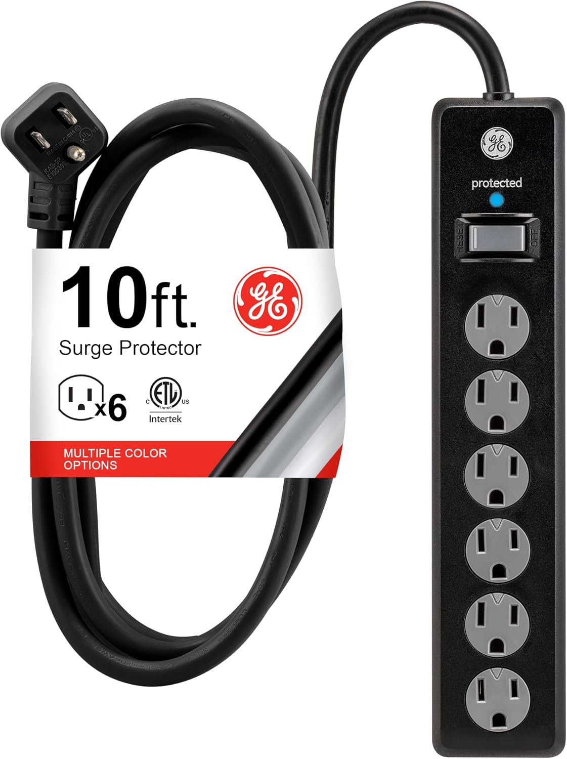 GE 6-Outlet Surge Protector, 10 Ft Extension Cord, Power Strip, 600 Joules, Twist-to-Close...