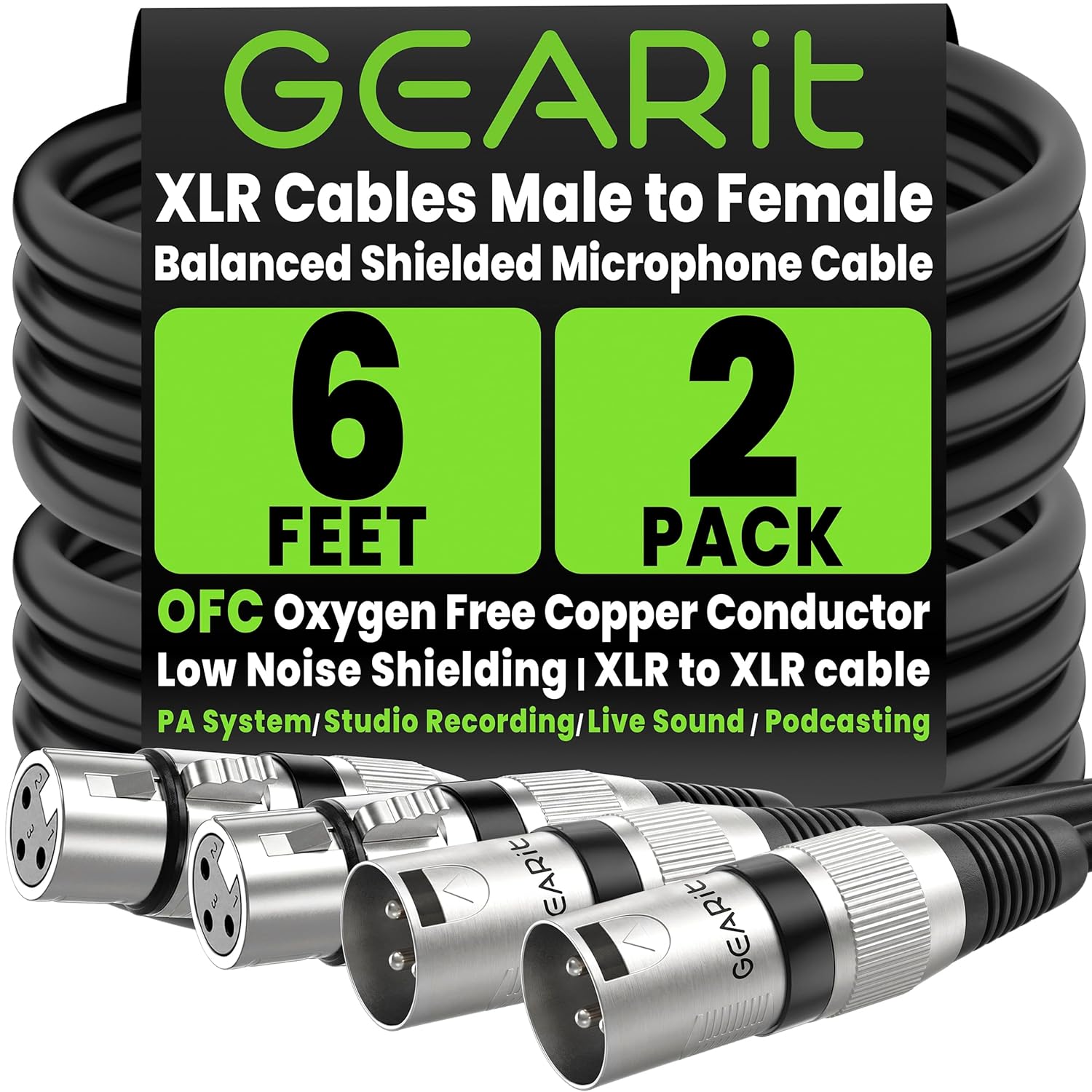 GEARit XLR Cables 6ft 2 Pack, XLR Male to Female Microphone Cable, Balanced Shielded Mic...