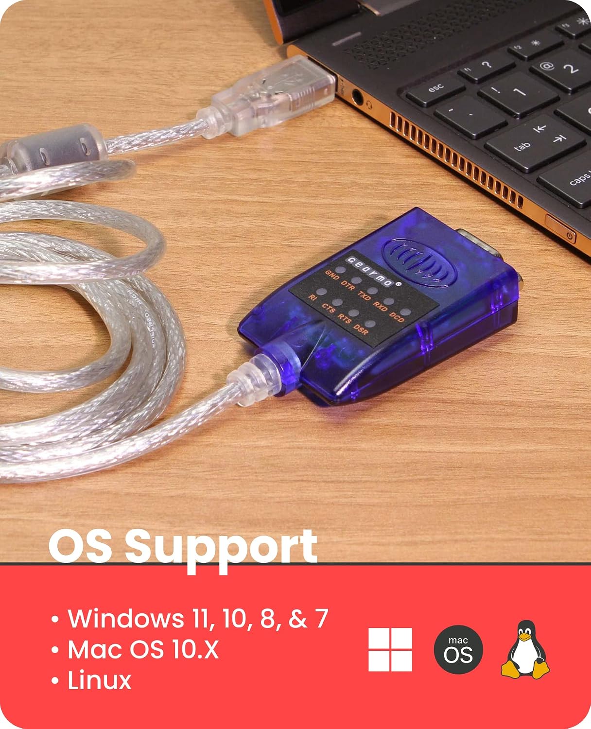Gearmo USB to Serial RS-232 Adapter with LED Indicators, FTDI Chipset, Supports Windows... image