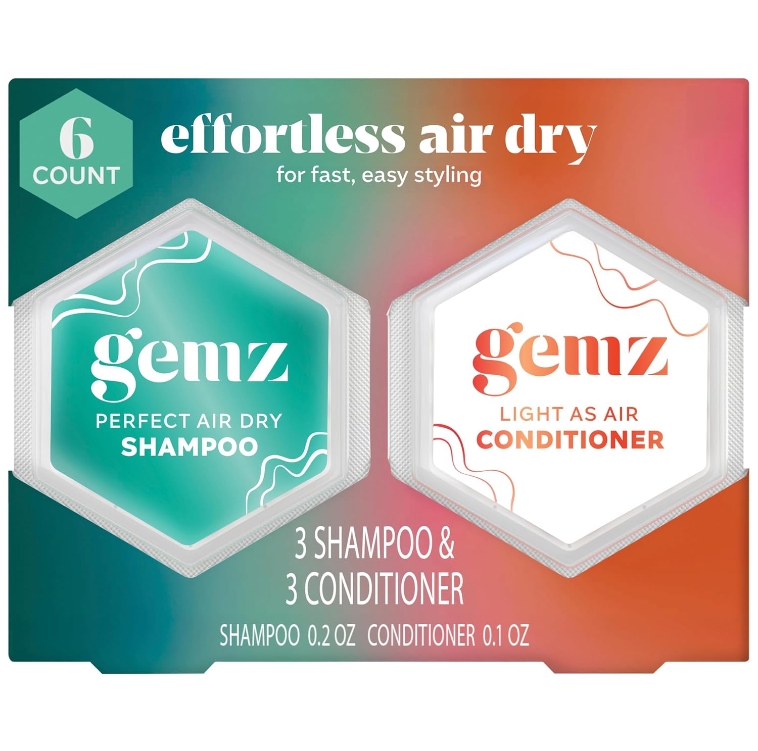 Gemz Shampoo & Conditioner Mini Variety Kit, Effortless Air Dry, Water-Activated Single-Dose...