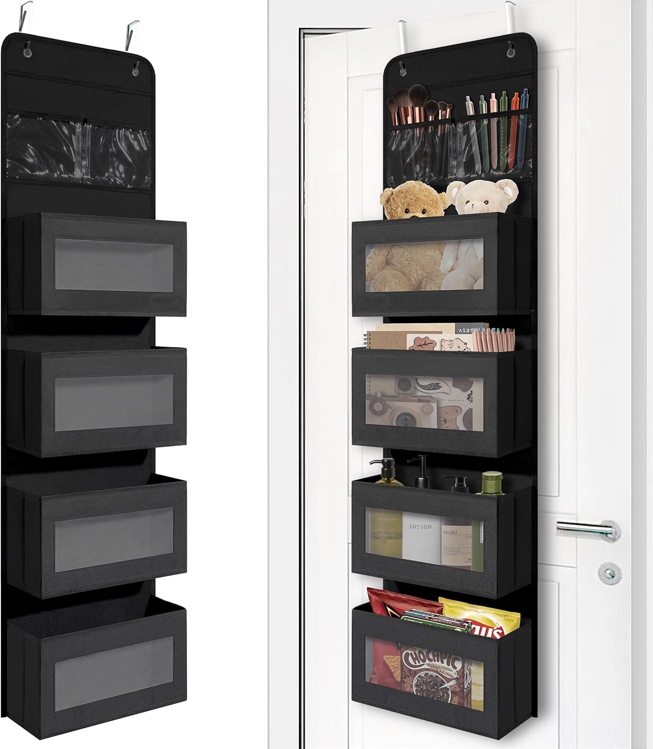 Giraffe Creation Black Over Door Organizer with 4 Large Clear Pockets, Hanging Door Storage...