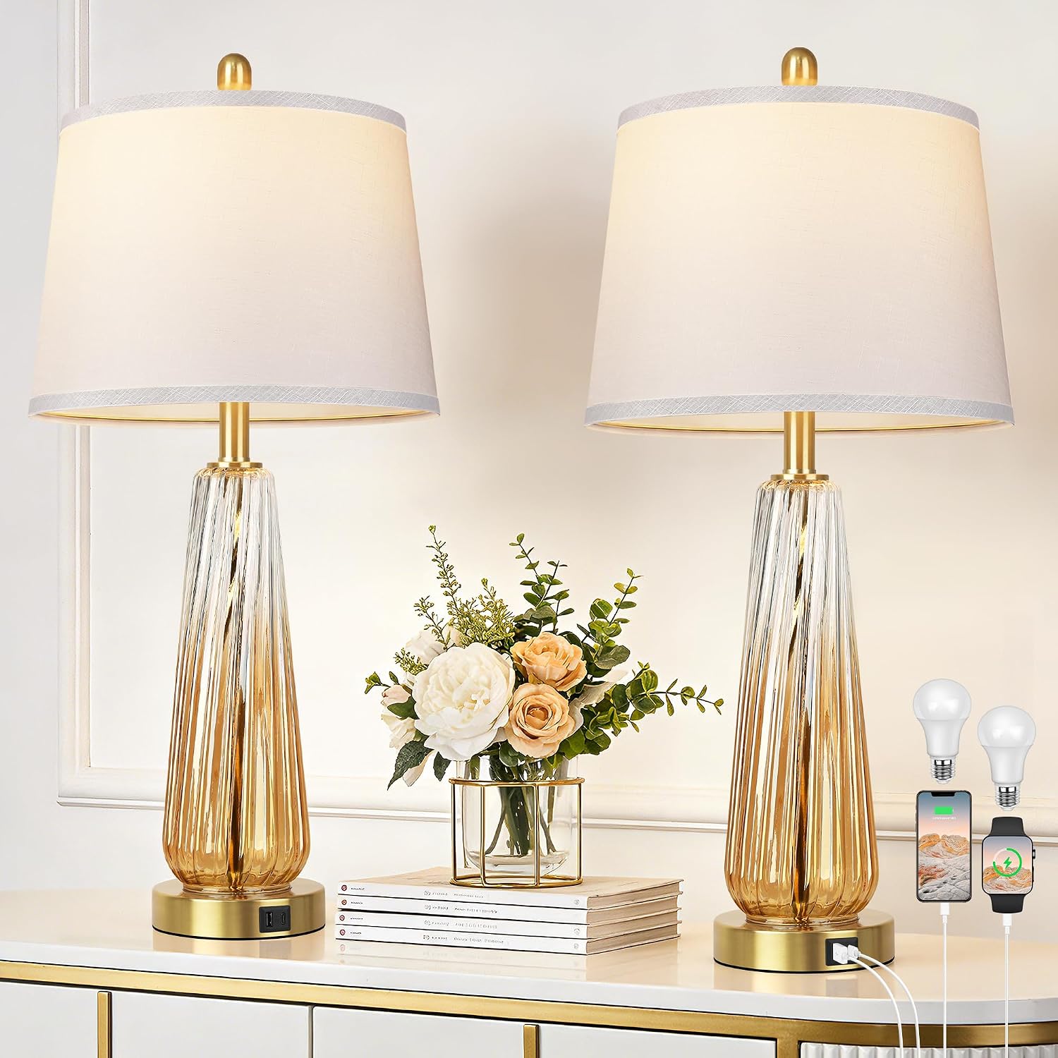 Glass Table Lamps Set of 2, Modern Bedside Lamps for Bedrooms with 3-Way Dimmable Touch...