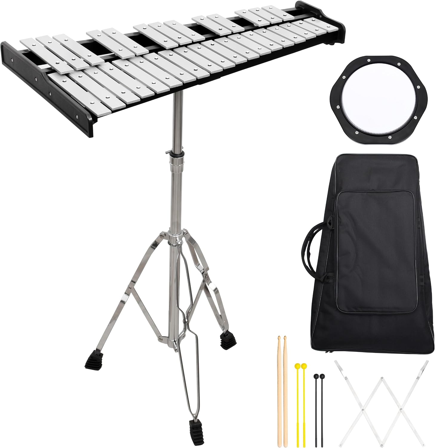 Glockenspiel Bell Kit 32 Notes, Xylophone Percussion Kit with 8" Drum Practice Pad...