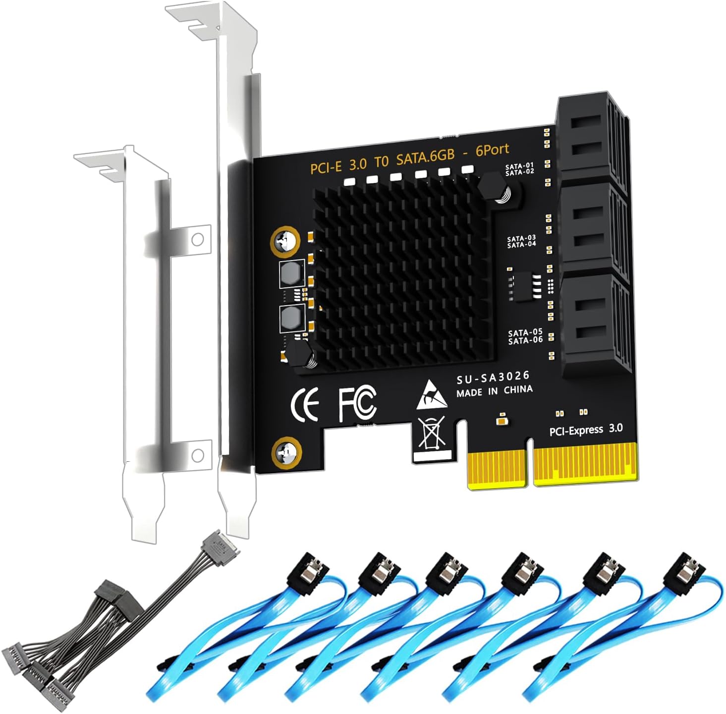 GLOTRENDS SA3026-C 6-Port PCIe X4 SATA Expansion Card with SATA and Power Cables, Compatible...