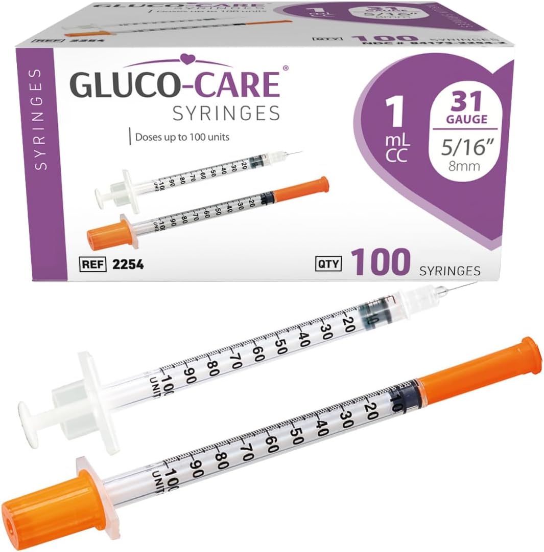 GLUCO-CARE 1 ml/cc Syringes 31G x 5/16’’ (8mm), Orange Cap, 100/box