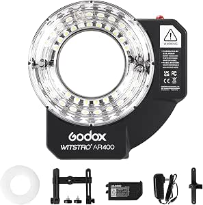 Godox Wistro AR400 Lightweight Ring Flash with Li-Ion Battery Unibody Design and Shadow-Free...