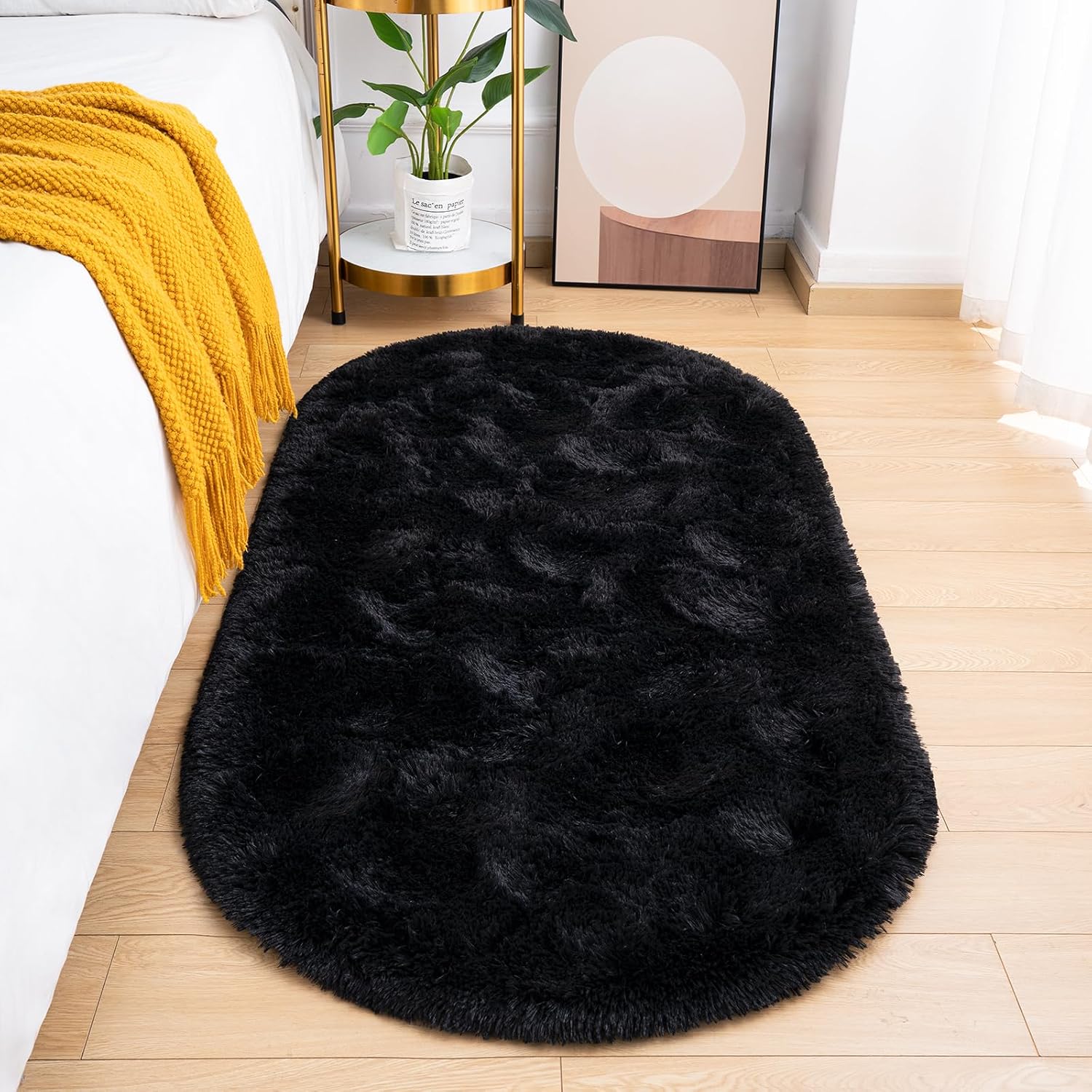 Goideal Fluffy Bedroom Rug, Small Oval Area Rugs, Black Shag Bedside Carpet for Kids Room...