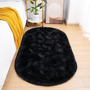 Goideal Fluffy Bedroom Rug, Small Oval Area Rugs, Black Shag Bedside Carpet for Kids Room... image
