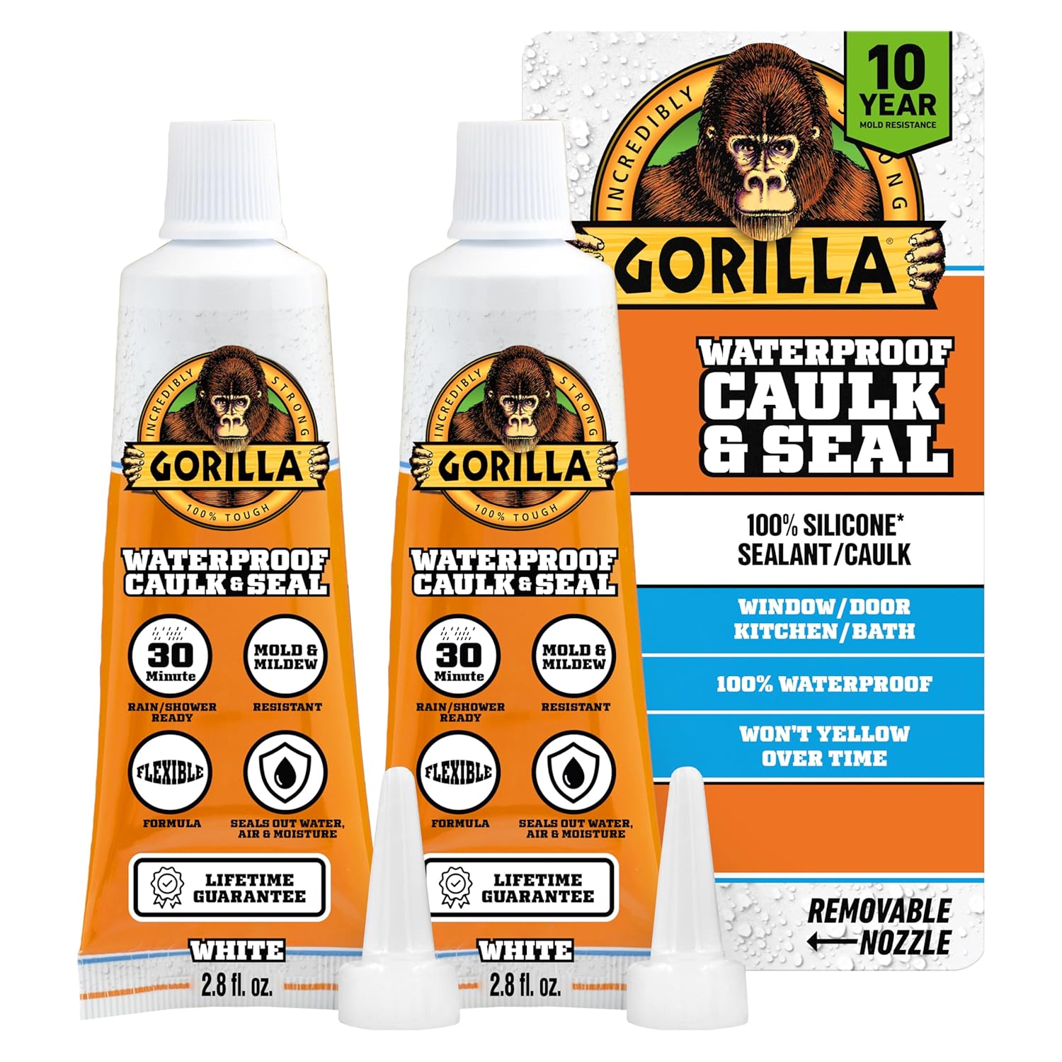 Gorilla 100% Silicone Caulk, Waterproof Sealant, 2.8oz Squeeze Tube (Pack of 2) – White...