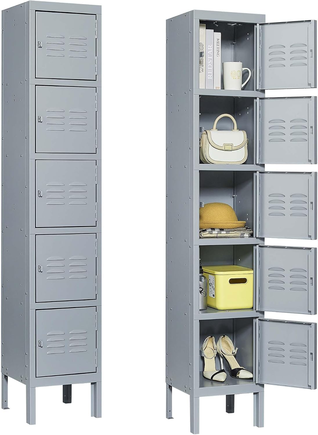 Gray Metal Locker 72''Storage Dressing Room Cabinet,Lockers for Employees,5-Door Five-Layer...