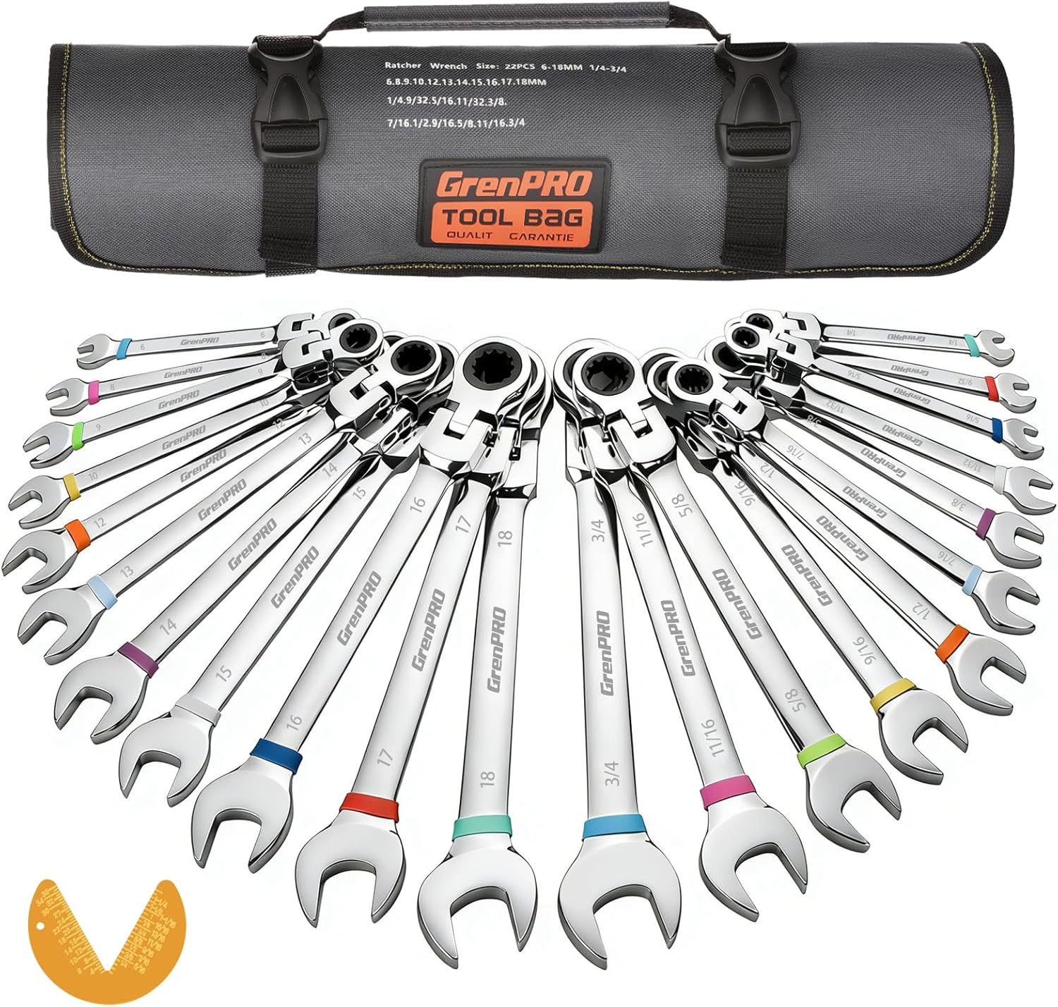 GRENPRO Ratchet Wrenches Set, 23PC Flex Head Ratcheting Wrench Set Metric and Standard &...