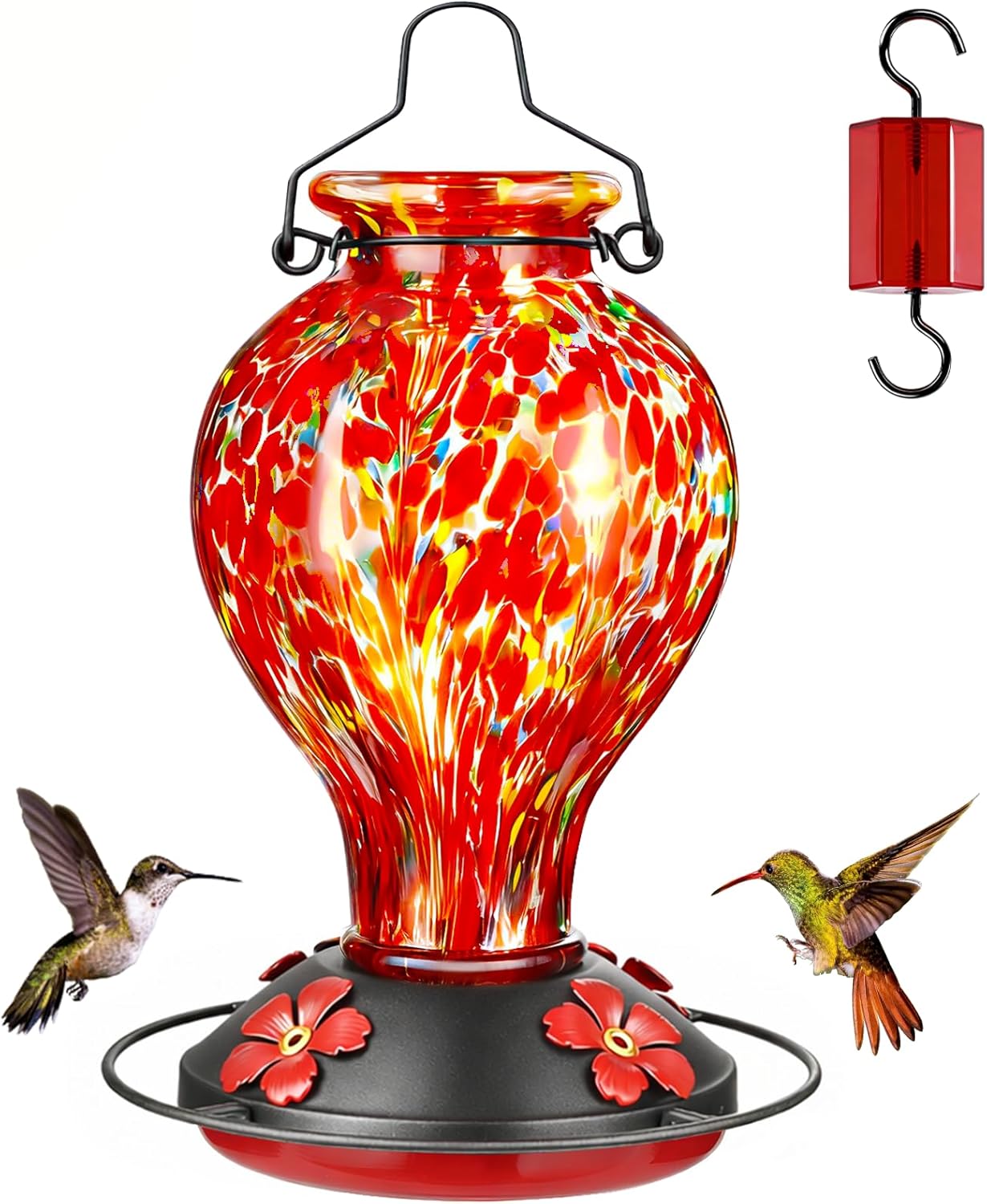 Hand Blown Glass Hummingbird Feeders for Outdoors Hanging, 24oz Wild Bird Nectar Feeder with...