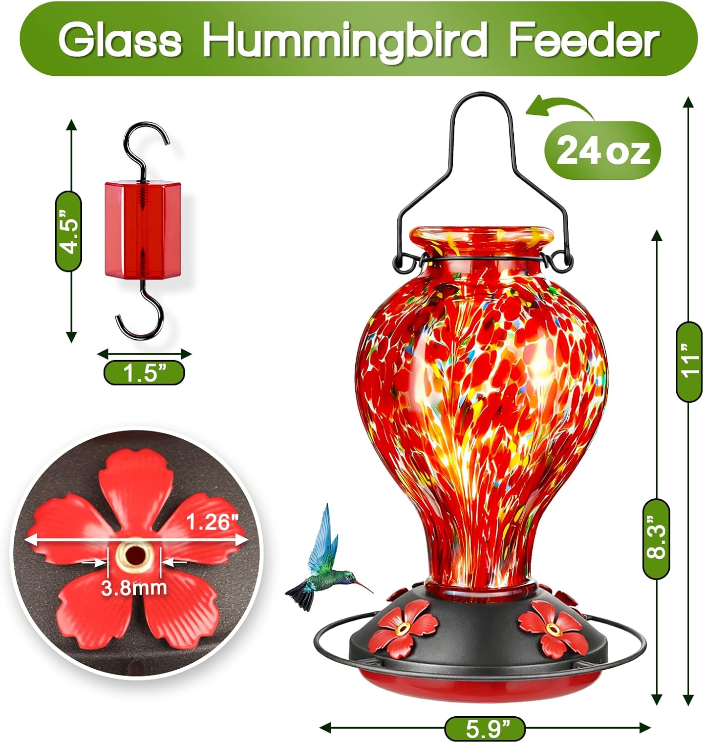 Hand Blown Glass Hummingbird Feeders for Outdoors Hanging, 24oz Wild Bird Nectar Feeder with... image