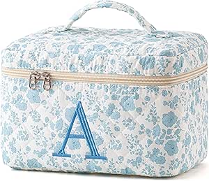 HBselect Initial Quilted Makeup Bag, Cotton Large Travel Make up Bag, Cute Floral Coquette... image