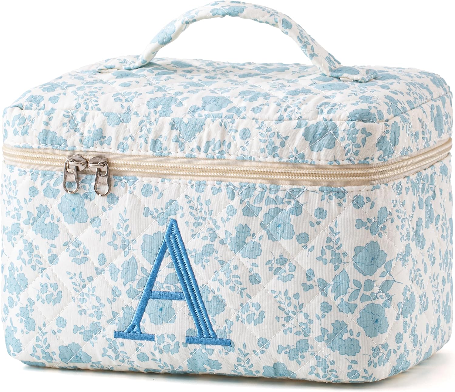 HBselect Initial Quilted Makeup Bag, Cotton Large Travel Make up Bag, Cute Floral Coquette...