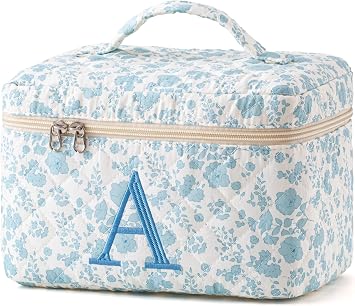 HBselect Initial Quilted Makeup Bag, Cotton Large Travel Make up Bag, Cute Floral Coquette... image