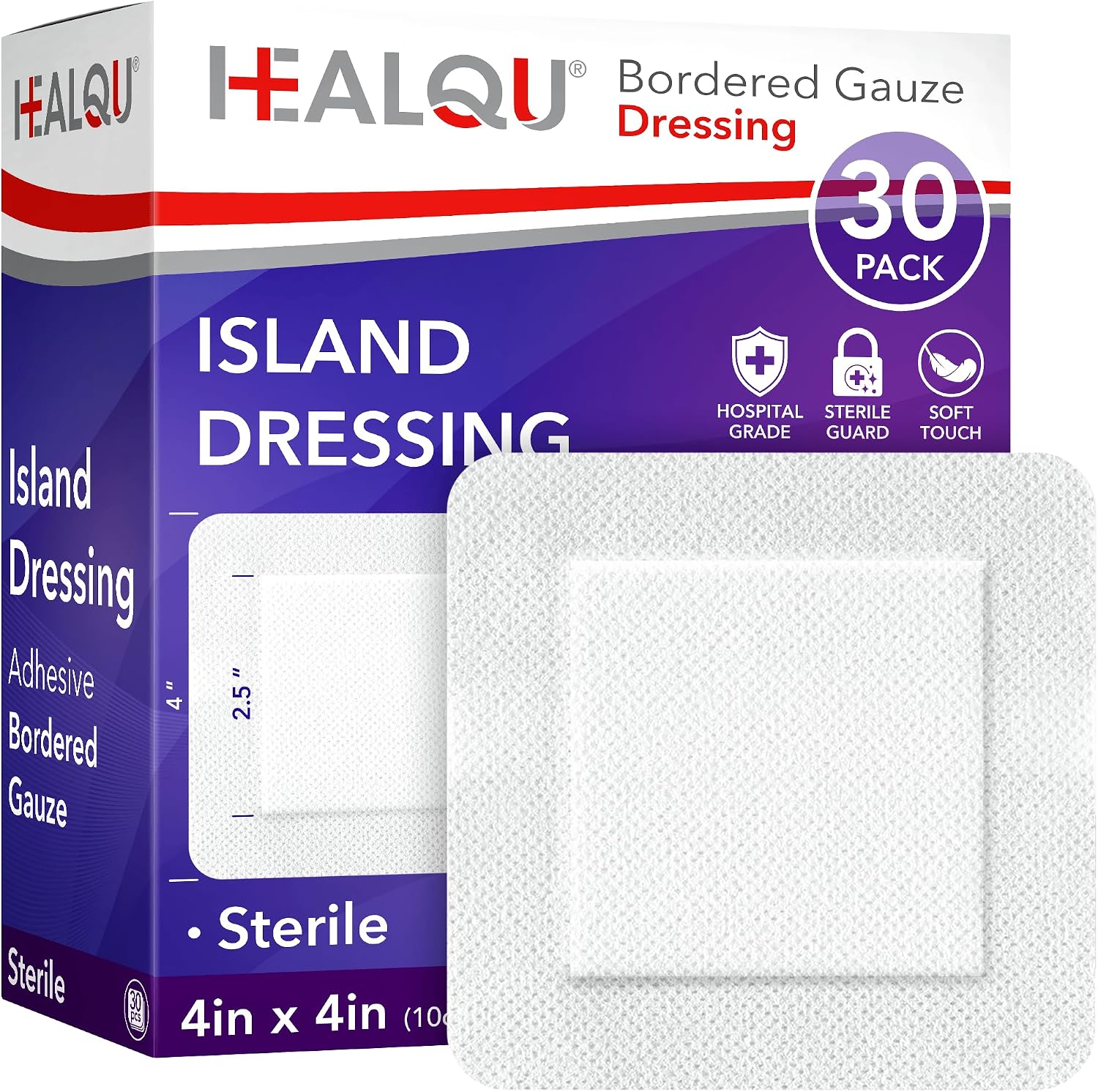 HEALQU Island Dressing - 4"x4", 30 Count - Bordered Gauze Sterile Individually Wrapped Gauze...