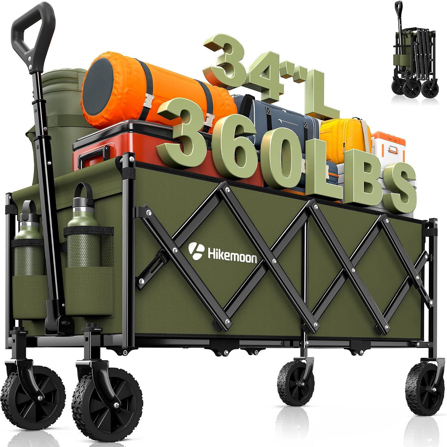 Hikemoon 34'' Extra Long Collapsible Wagons Carts Foldable, 360LBS Heavy Duty Folding Beach...