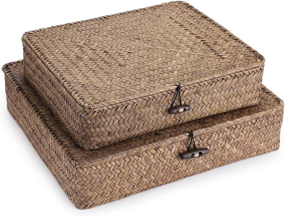 Hipiwe Set of 2 Flat Woven Wicker Storage Bins with Lid Natural Seagrass Basket Multipurpose...