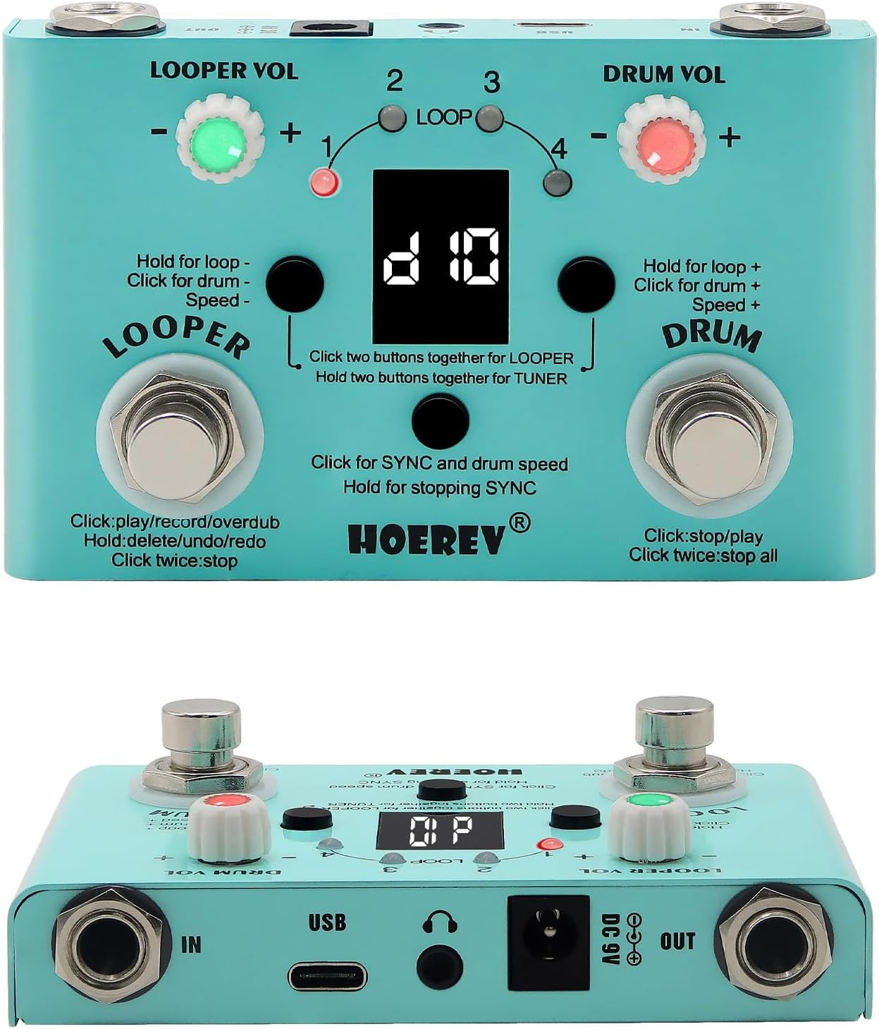Hoerev Drum Machine Looper with Tuner APP Editingl 11 Minutes Loop, 30 Preset Drums,V2