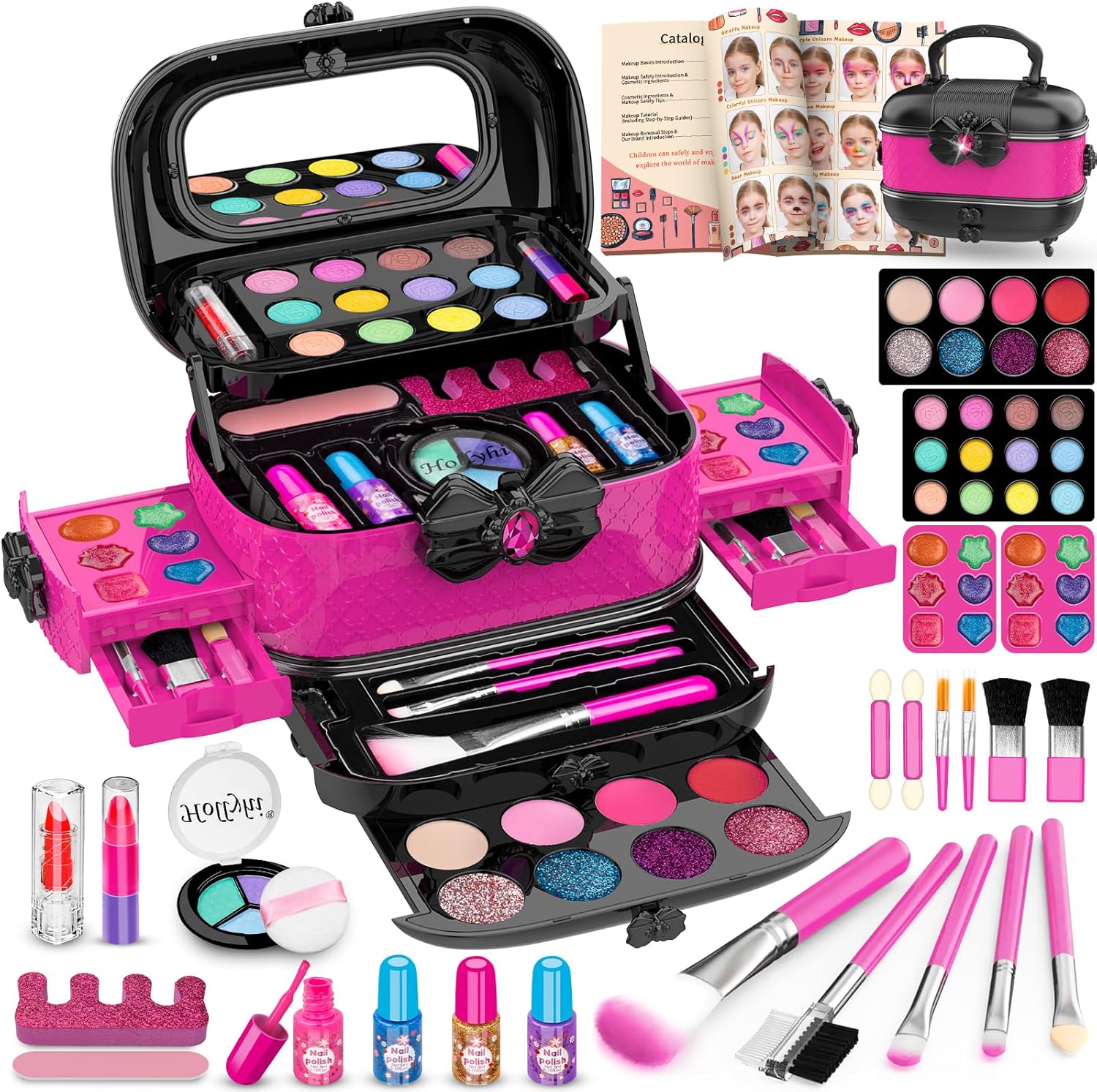 Hollyhi 58 Pcs Kids Makeup Kit for Girl, Princess Toys Real Washable Cosmetic Set with...