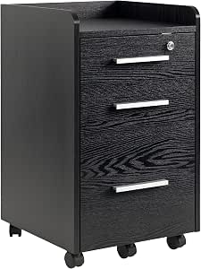 HOMCOM Office File Cabinet with 3 Drawers, 5 Wheels, Office Drawer with Lock and 2 Keys for...