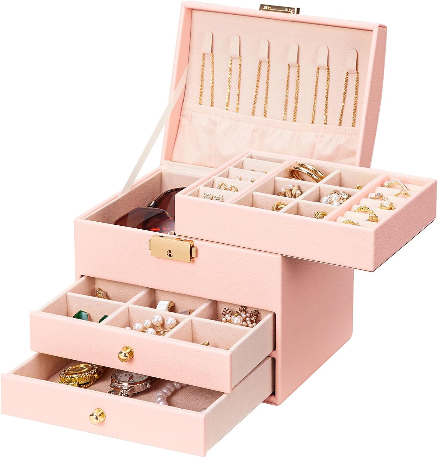 Homde Mothers Day Gifts Small Girls Jewelry Box with Lock: 3 Layer Organizer with Removable...