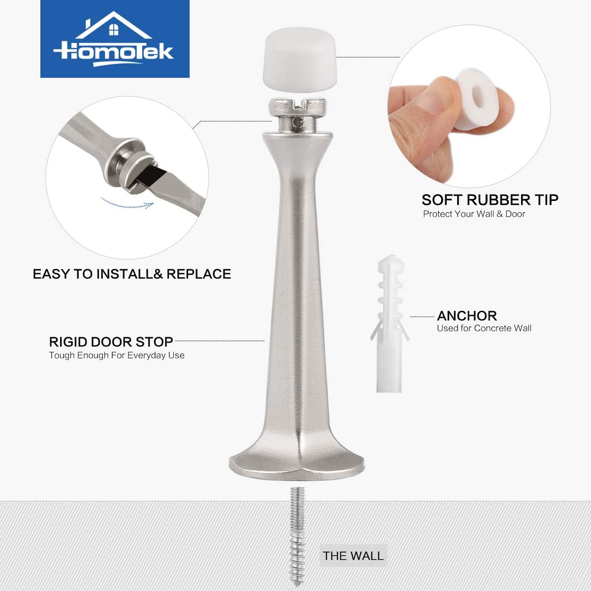 HOMOTEK 8 Pack Heavy Duty Solid Rigid Door Stop with Soft Rubber Tip, Zinc Die Cast Door... image
