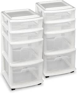 HOMZ 2-Pack Drawer Tower, 4-Tier Clear Plastic Storage Organizer Cart, White Frame...