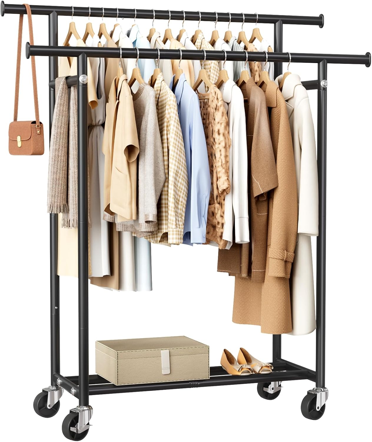 HYSEYY Clothes Rack, Double Rods Rolling Clothing Rack for Hanging Clothes, Portable Garment...