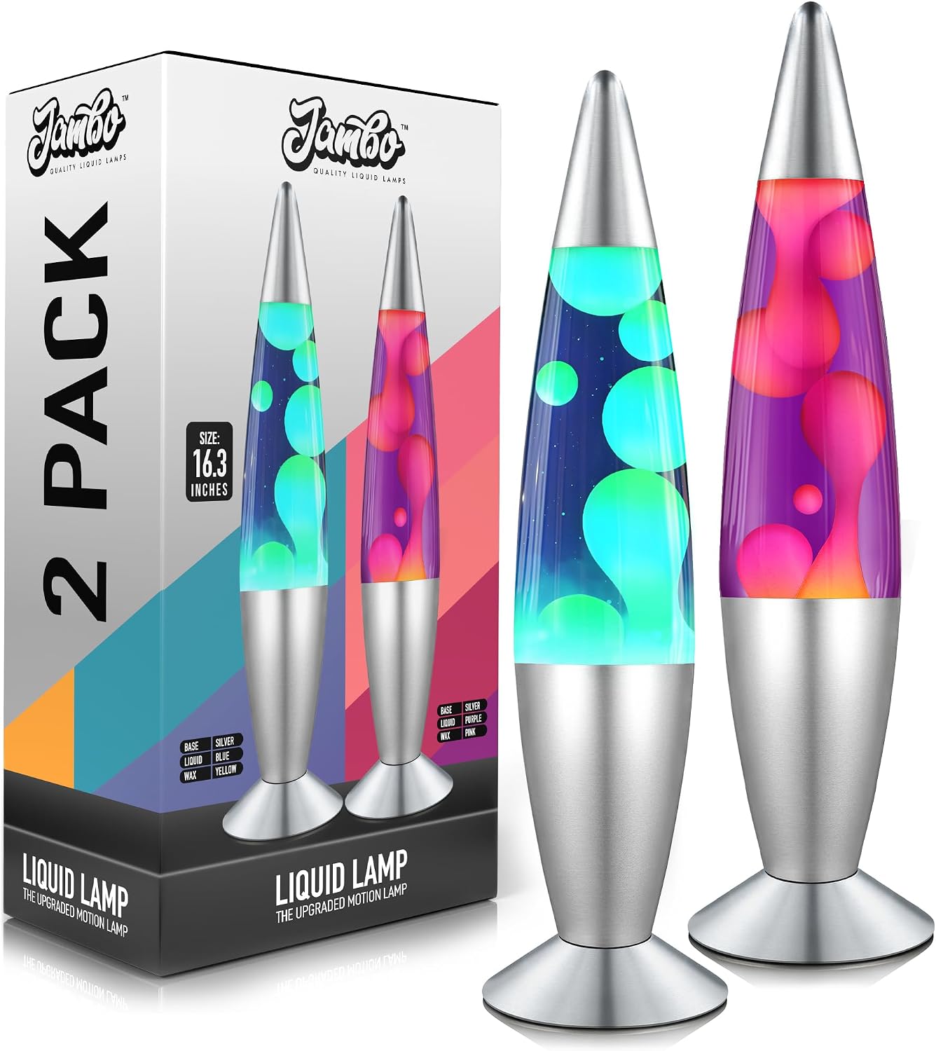 JAMBO 2 Pack- 16" Beautiful Lamp- Blue with Yellow/Green Wax and Purple with Pink Wax...