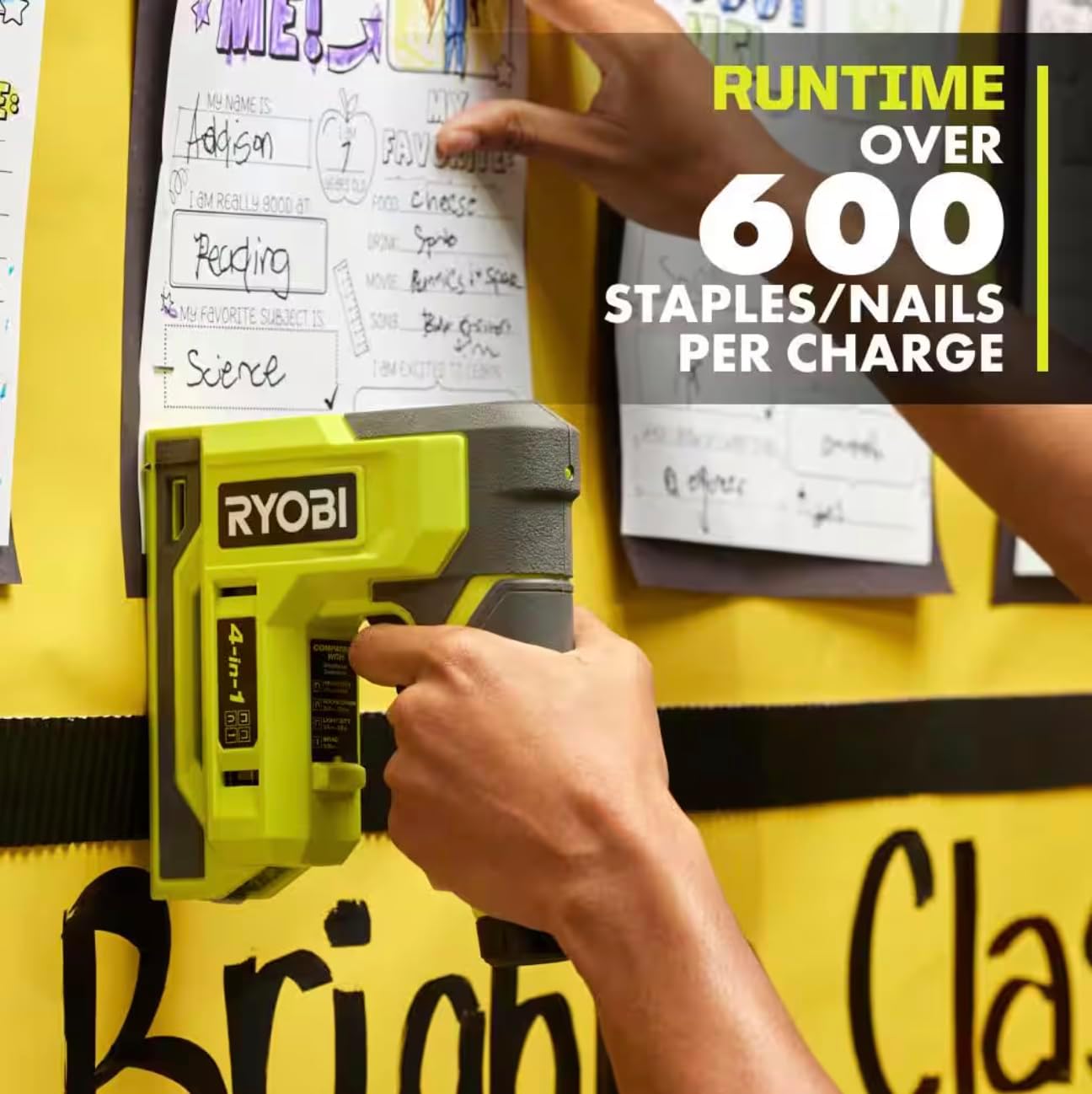 RYOBI USB Lithium 4-in-1 Stapler/Nailer Kit, Cordless with 3Ah Battery, 600+ Staples Per...