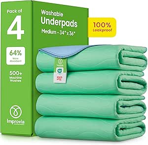 IMPROVIA® Washable Underpads, 34" x 36" (Pack of 4) - Heavy Absorbency Reusable Bedwetting...