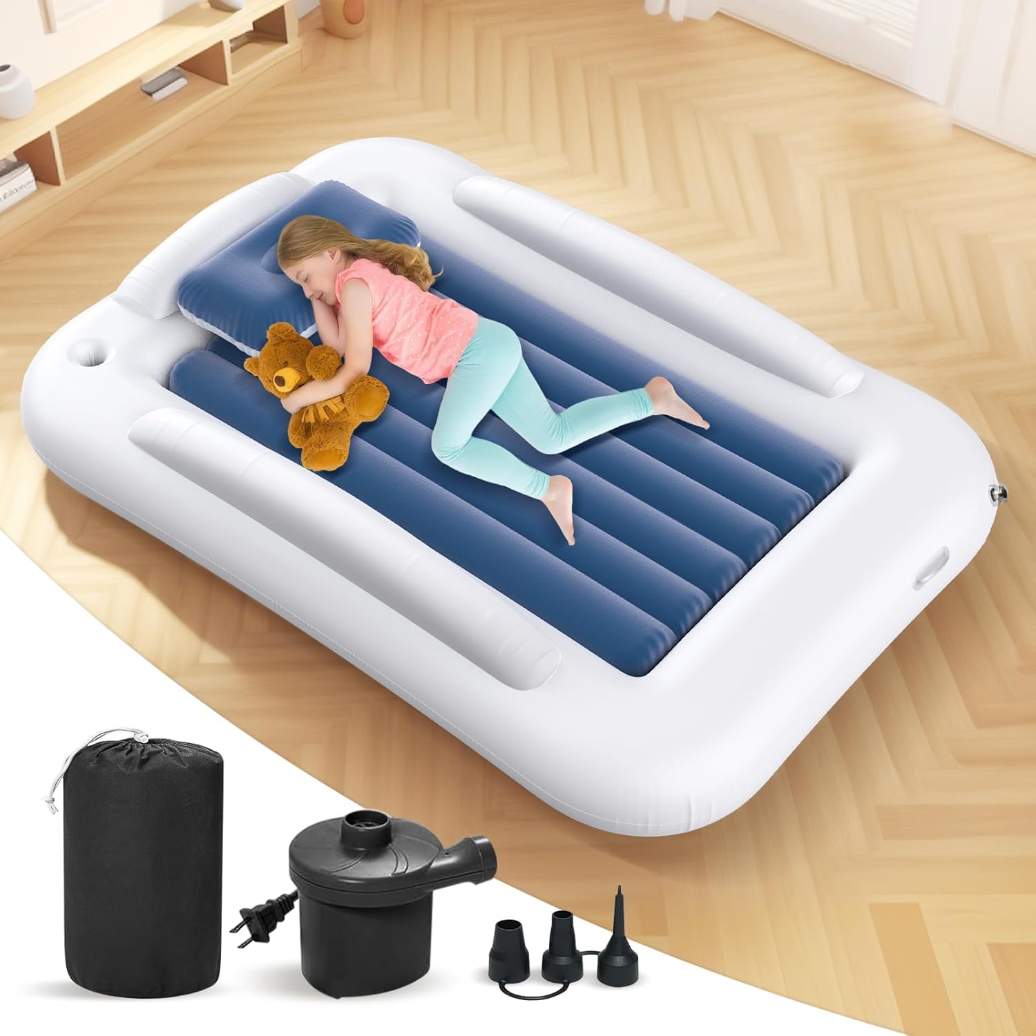 Inflatable Toddler Travel Bed - 60 Inches Portable Toddler Bed for Travel with Safety Sides...