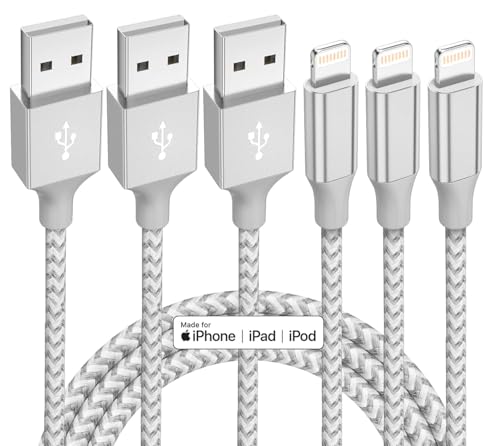 iPhone Charger 3 Pack 10 ft Apple MFi Certified Lightning Nylon Braided Cable Fast Charging...