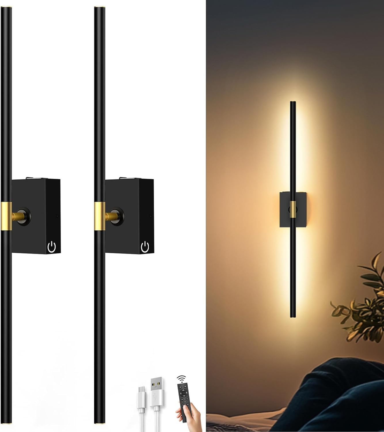 iThird Battery Operated Wall Sconces Set of 2: 10000mAh Rechargeable Wall Lights with Remote...