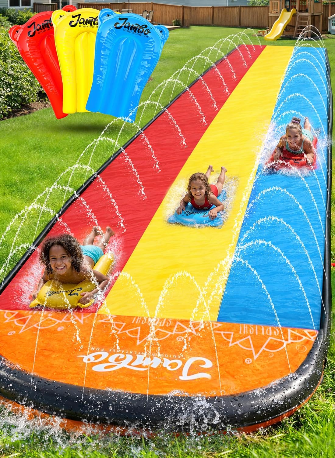 JAMBO Premium Triple Water Slide with 3 Bodyboards, 20Ft Heavy Duty Slip Splash and...