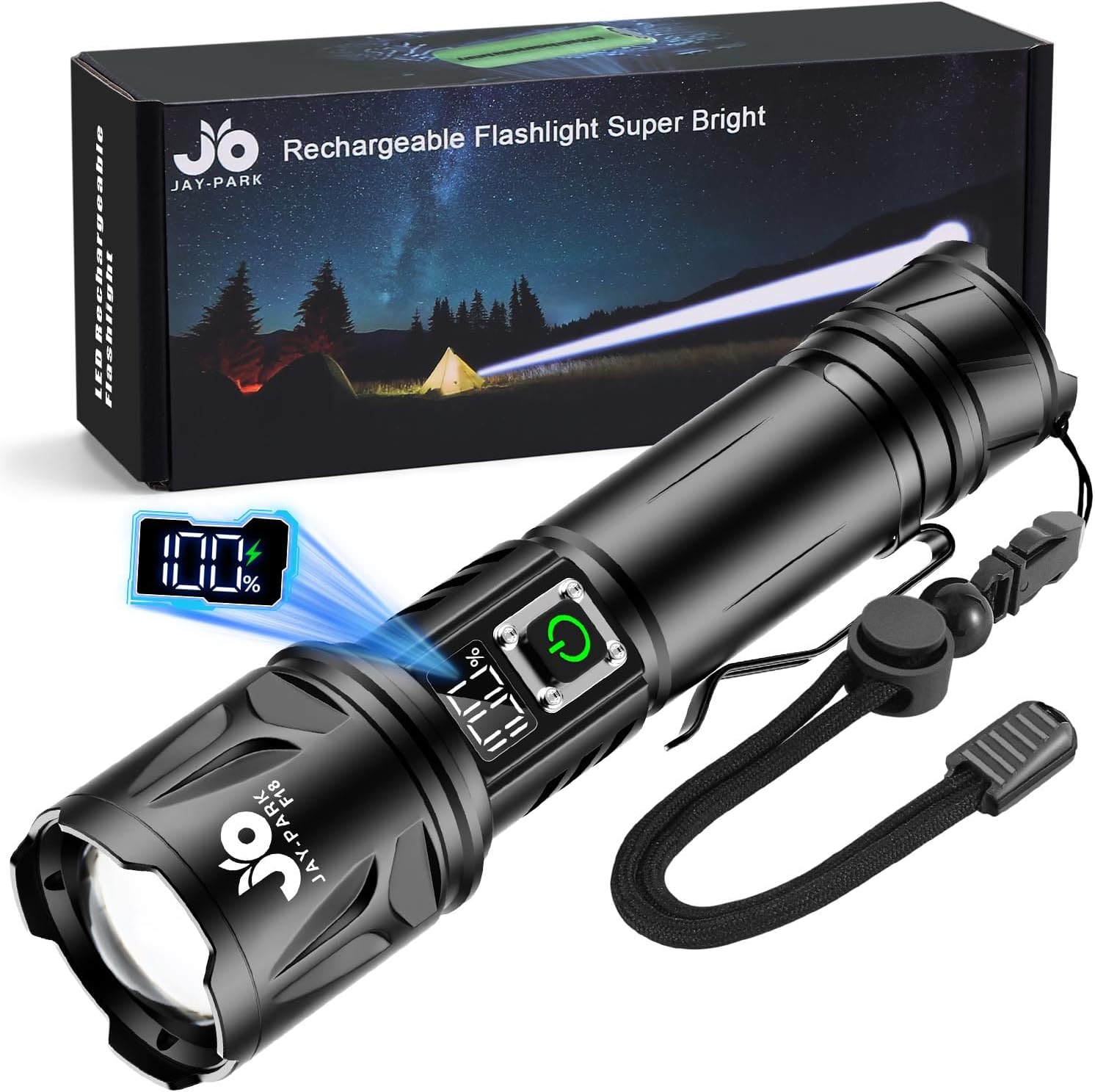 JAY-PARK High Lumen Flashlight 100000 Lumen Rechargeable 5000mAh Battery | LCD Display, Zoom...
