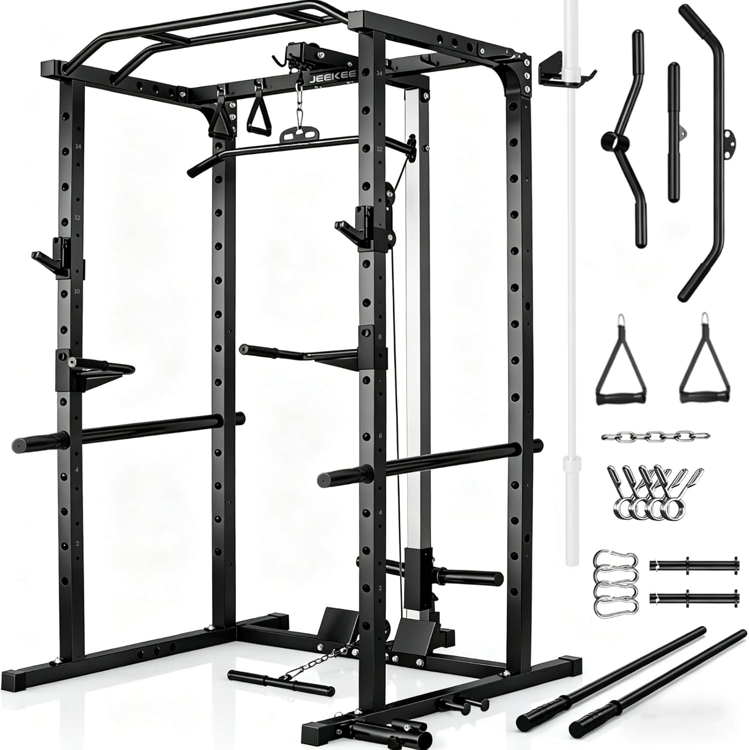 JEEKEE Power Rack with LAT Pulldown, 2000LBS Power Cage with Cable System, Multi-Function...