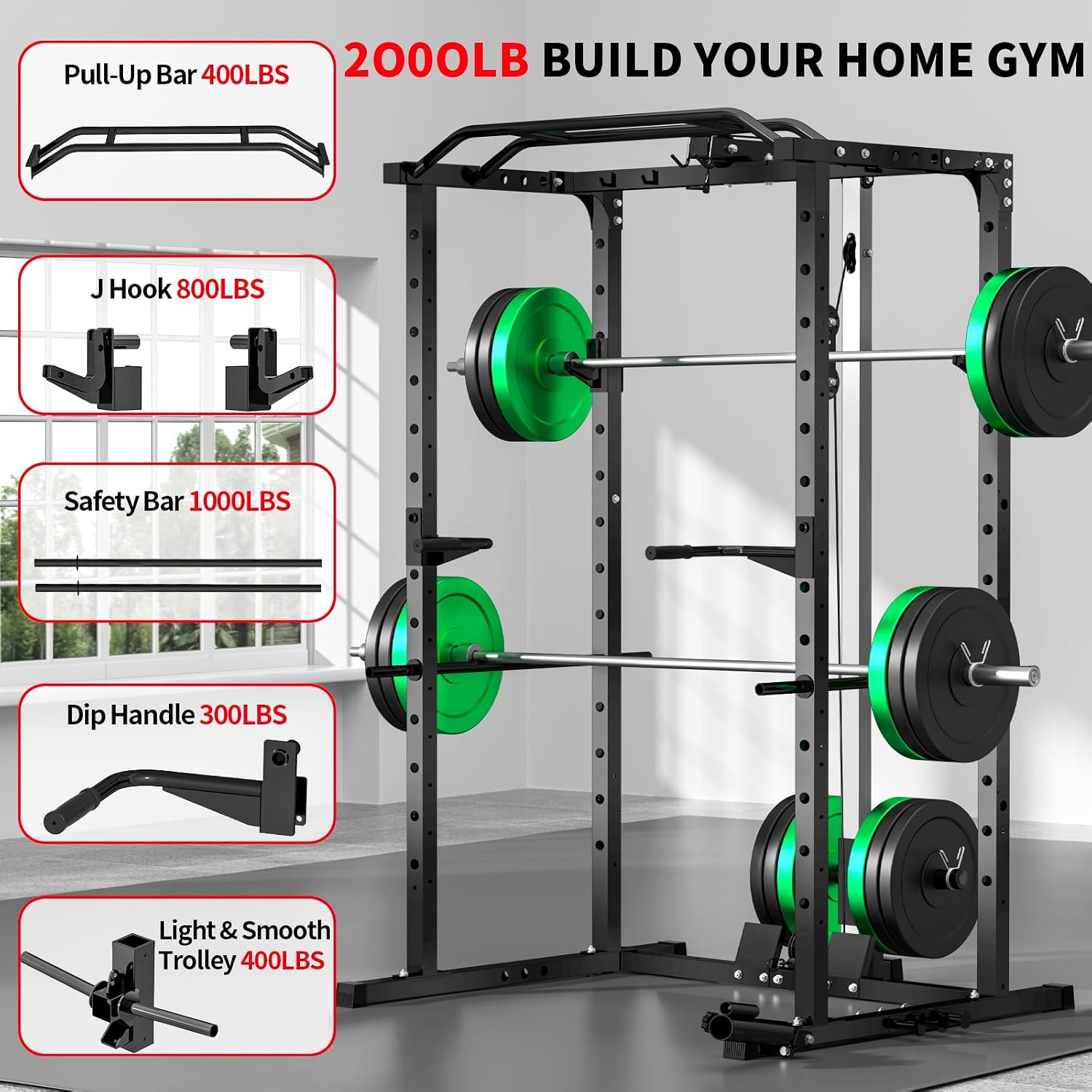 JEEKEE Power Rack with LAT Pulldown, 2000LBS Power Cage with Cable System, Multi-Function... image