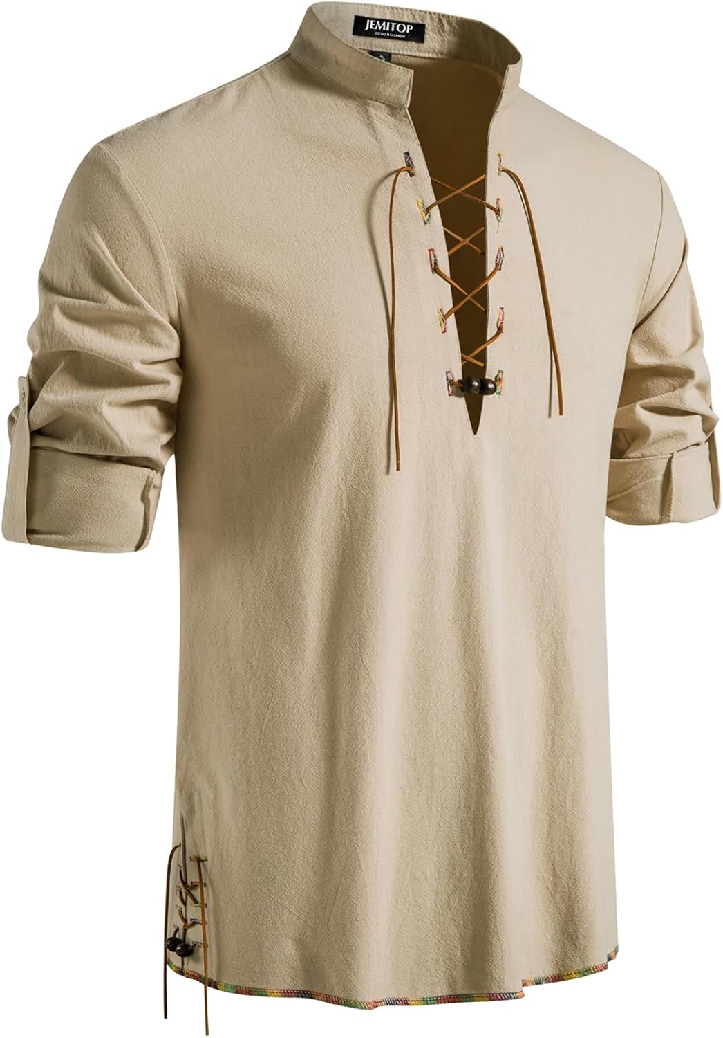JEMITOP Men's Pure Cotton Retro Lace Up Shirts for Renaissance Pirate Medieval Viking