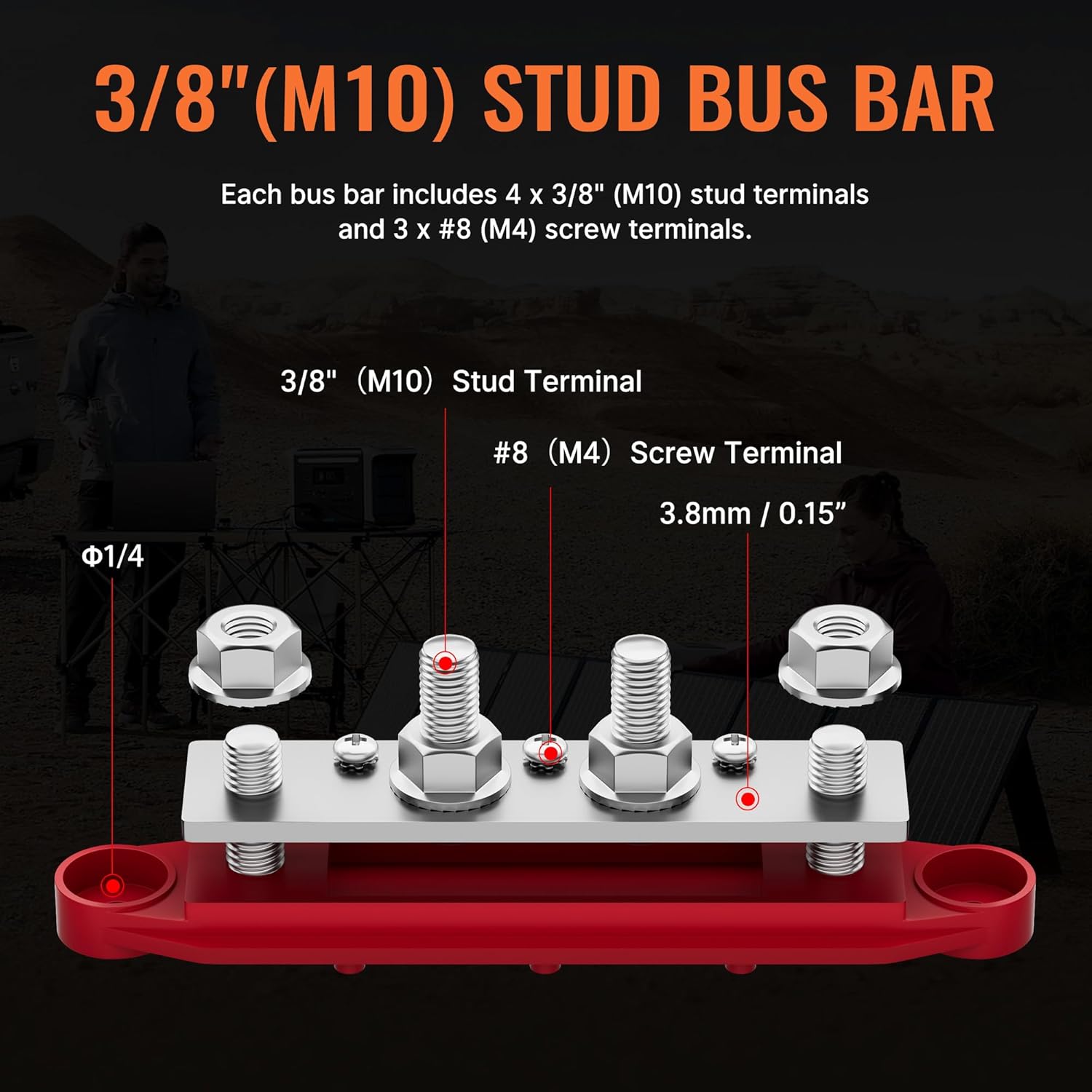 Joinfworld Bus Bar 12V 250A Power Distribution Block 4 x 3/8" Studs Marine Bus Bar 12 Volt... image