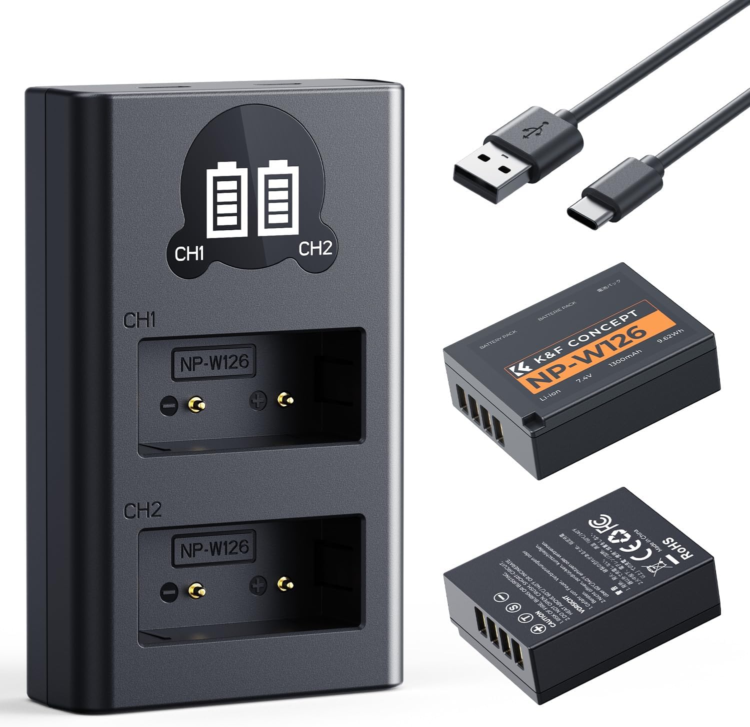 K&F Concept 1300mAh NP-W126 NP-W126S Battery and Charger for Fujifilm XM5, X100VI, X100V...