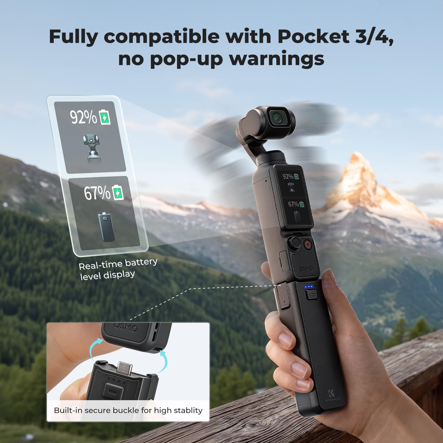 K&F CONCEPT 5000mAh Fast Charging Battery Handle for Osmo Pocket 3/4, Power Grip with 20W... image
