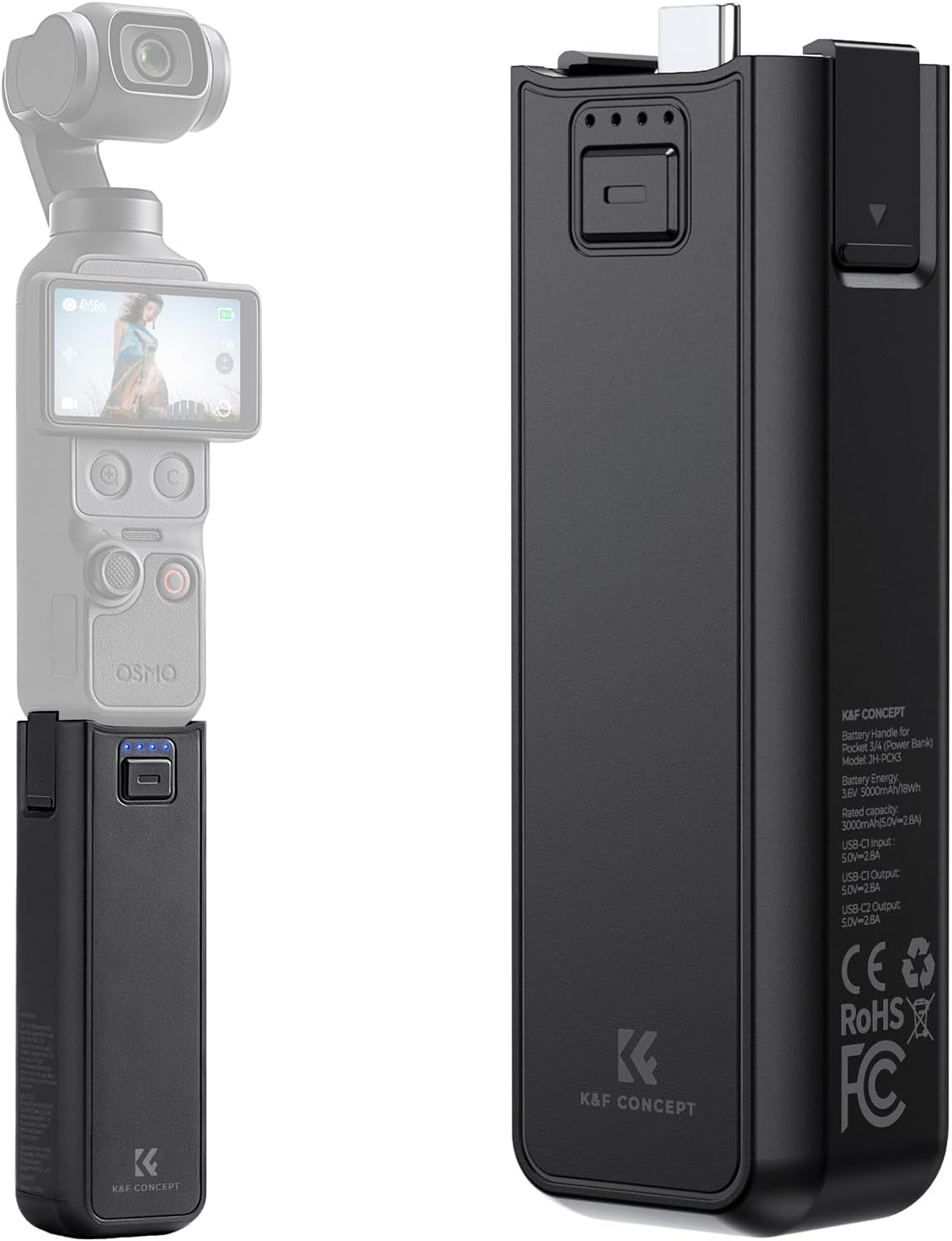 K&F CONCEPT 5000mAh Fast Charging Battery Handle for Osmo Pocket 3/4, Power Grip with 20W...