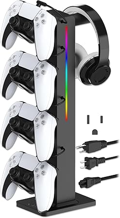 KAFRI RGB Gaming Headphone Stand with Controller Holder, Desk Organizer with Retractable...